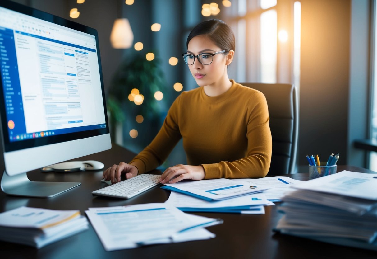 A person researching on a computer, surrounded by tax forms and financial documents