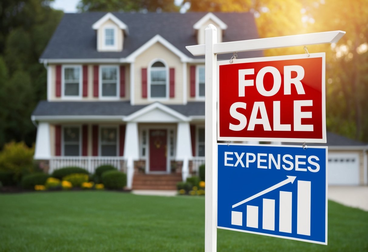 A house with a "For Sale" sign in front, while a graph shows income in red and expenses in blue, with expenses higher