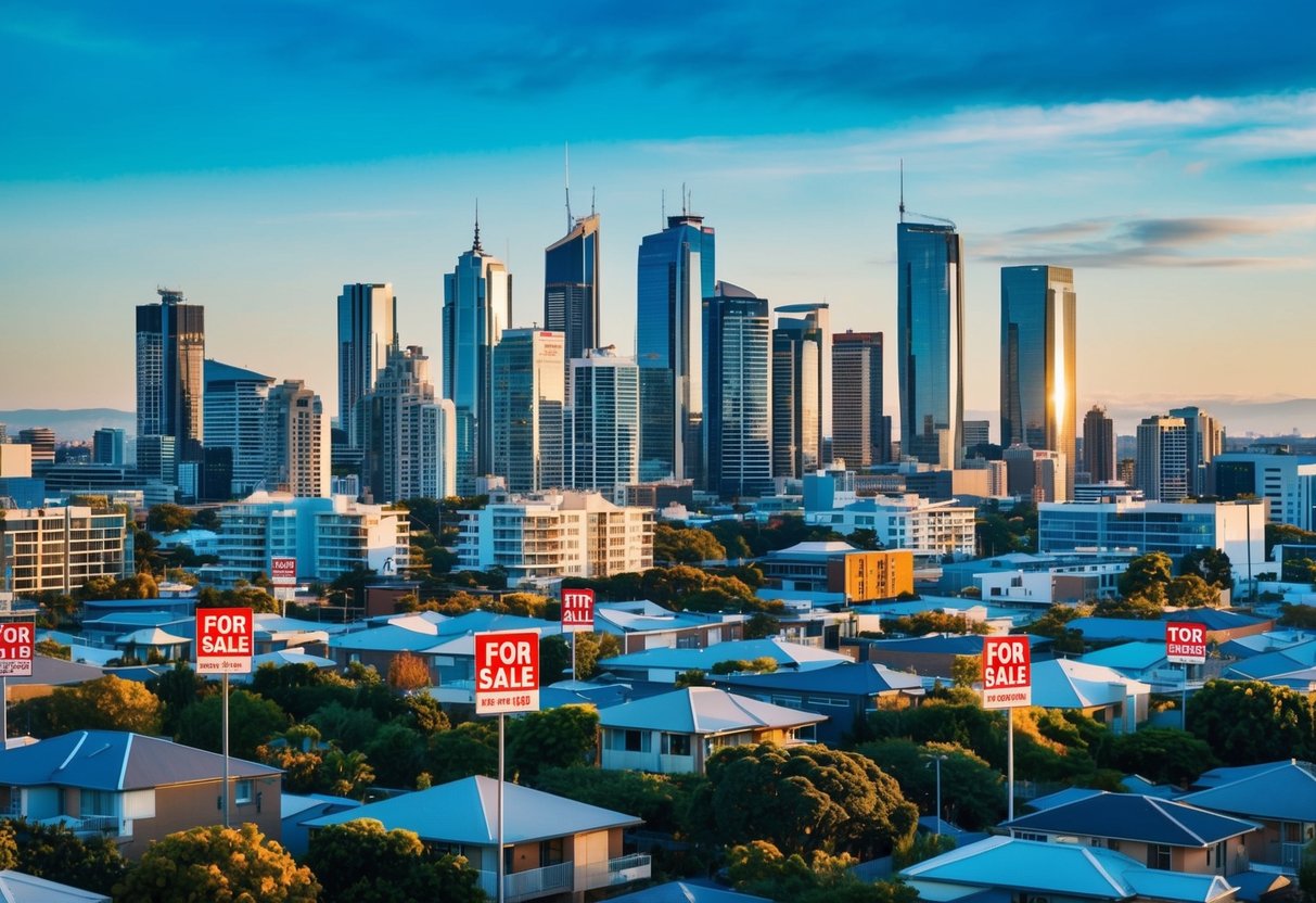 A bustling city skyline with various properties, some with "For Sale" signs, depicting the economic impact of negative gearing