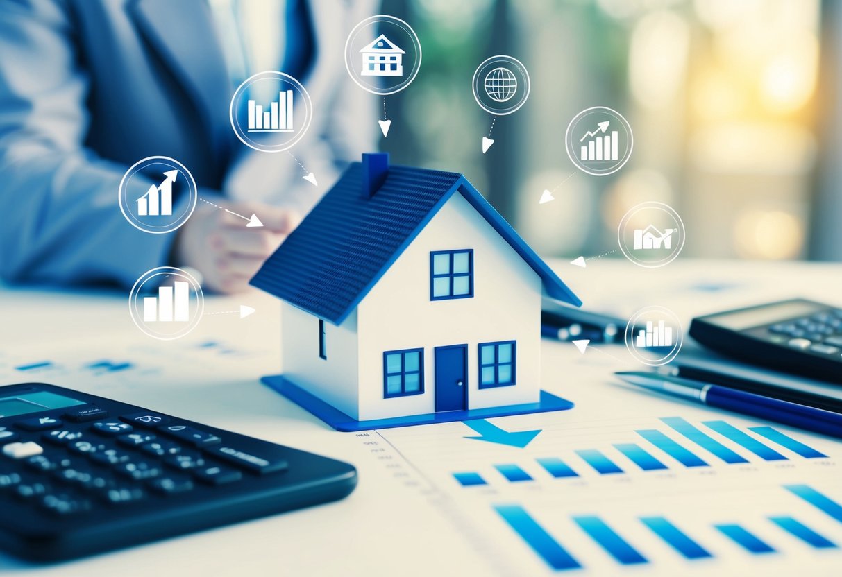 A house with an arrow pointing downward to represent negative gearing, surrounded by various investment symbols and financial charts