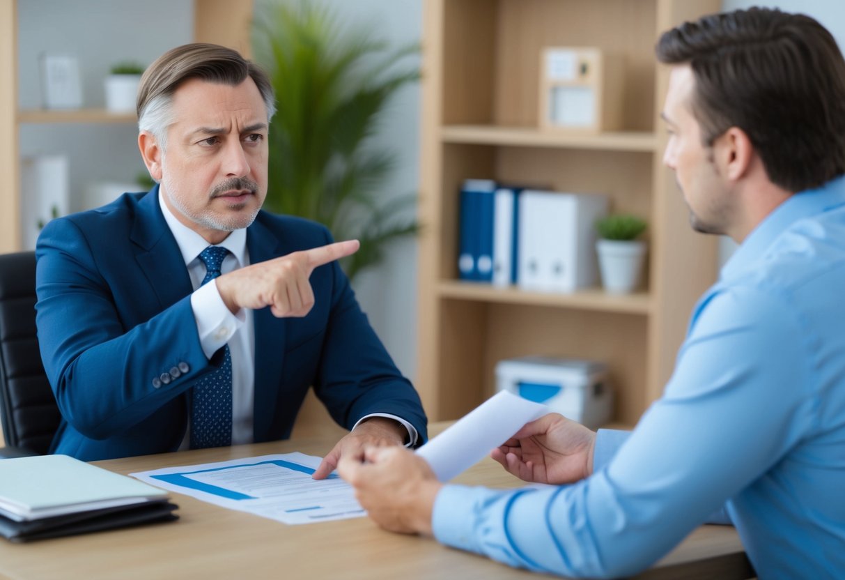 A bank manager sternly gestures towards a worried homeowner as they discuss mortgage repayment in an office setting