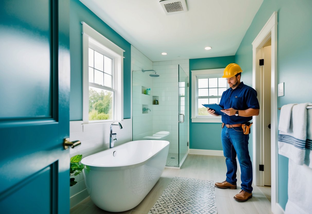 A bathroom with new tile, modern fixtures, and fresh paint. A contractor stands nearby with a clipboard, assessing the renovation costs