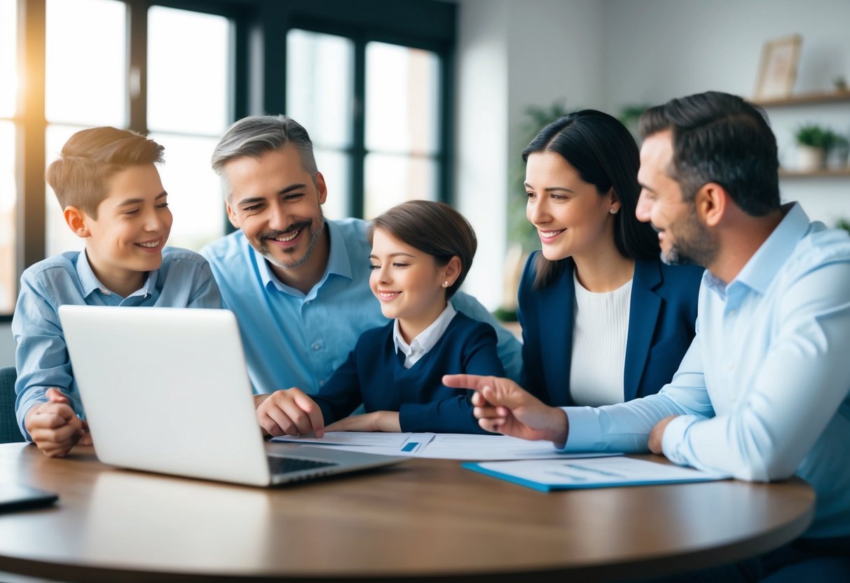 A family sitting around a table, discussing paperwork and looking at a laptop while smiling and nodding