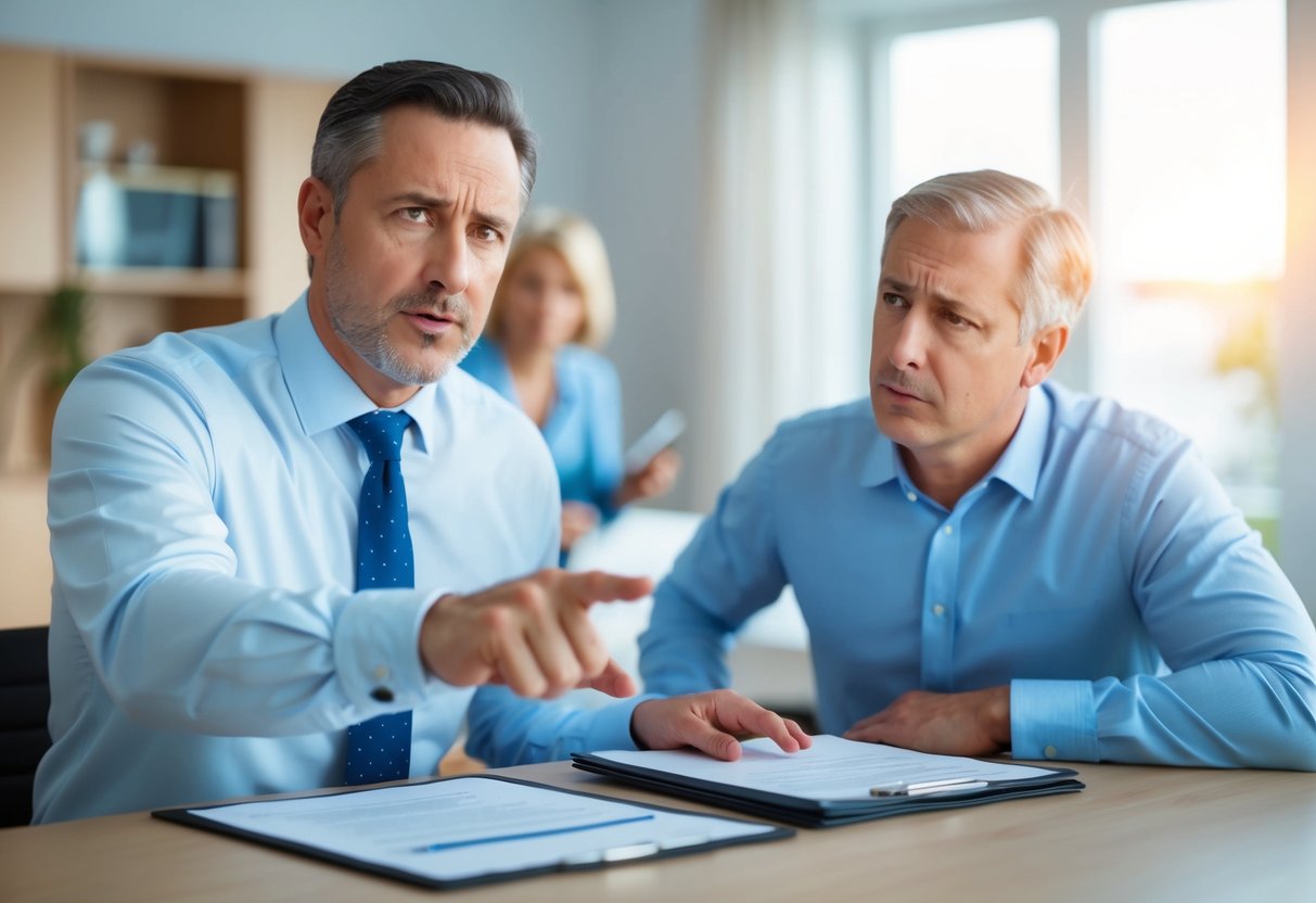 A bank manager sternly gesturing towards a contract, while a worried homeowner looks on