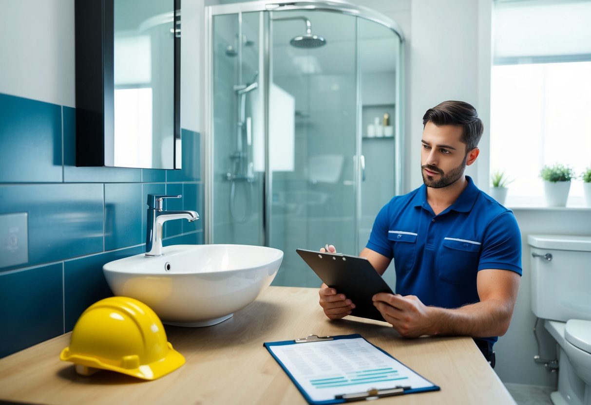 A bathroom with new fixtures and tiles, a contractor with a clipboard, and price estimates on a table