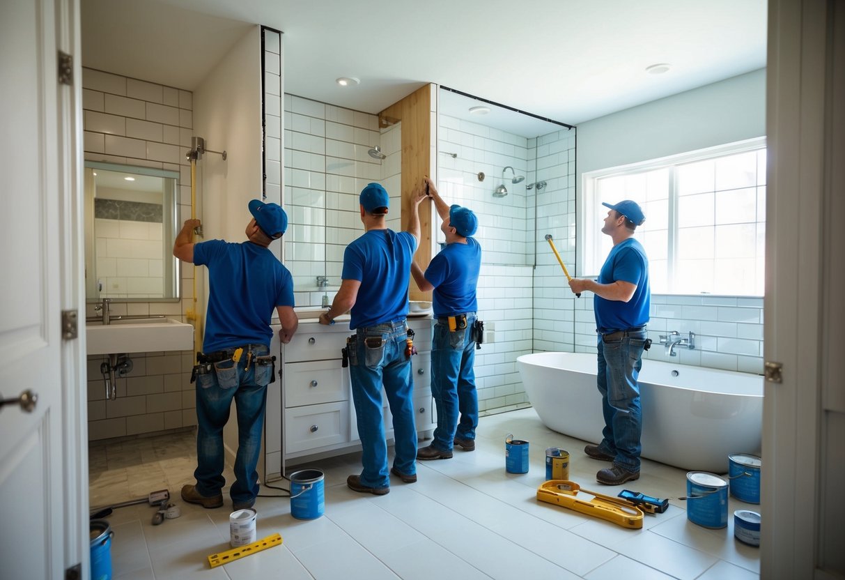 A bathroom being renovated, with workers installing new fixtures and tiles, while others measure and plan the layout. Paint cans and tools are scattered around