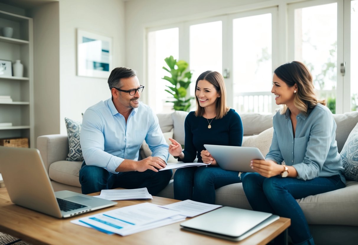 A cozy living room with a family discussing Suncorp Home Loan products. A laptop and paperwork are spread out on the coffee table