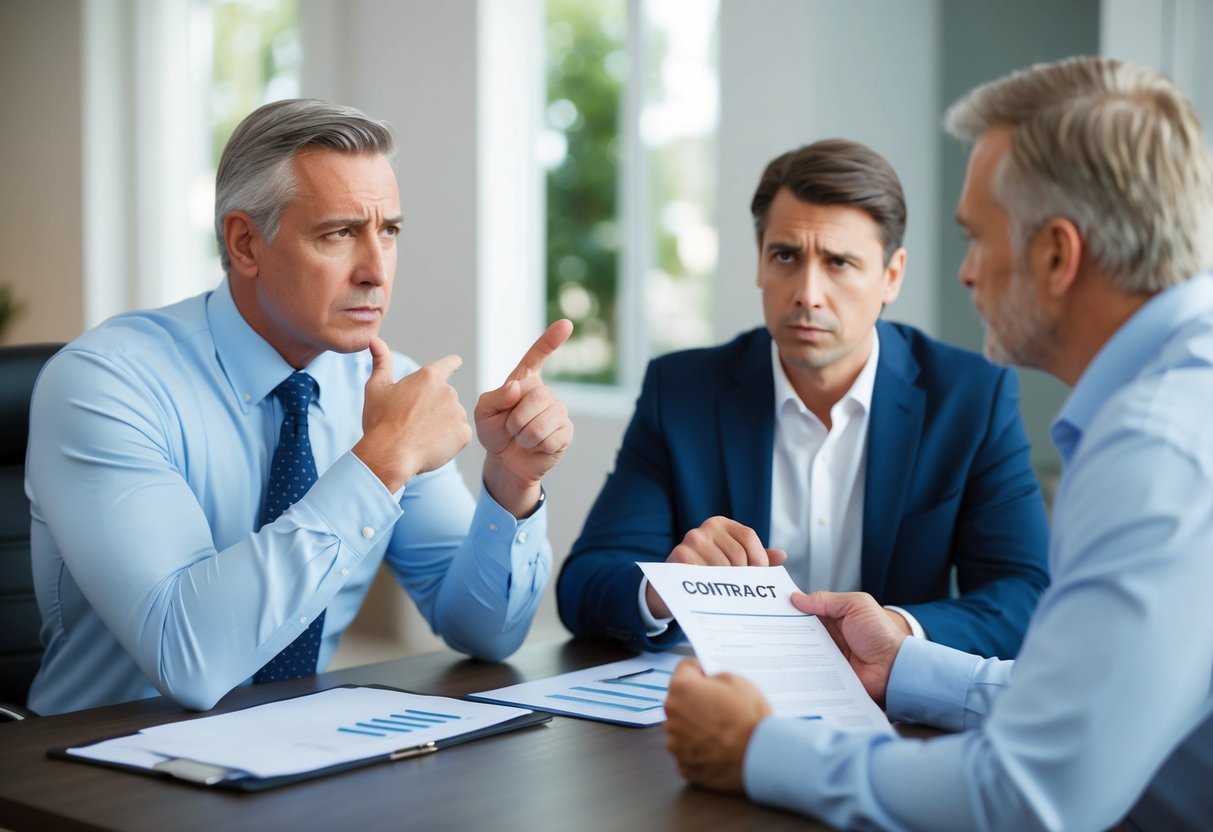 A bank manager sternly addresses a worried homeowner, pointing to a contract and shaking their head