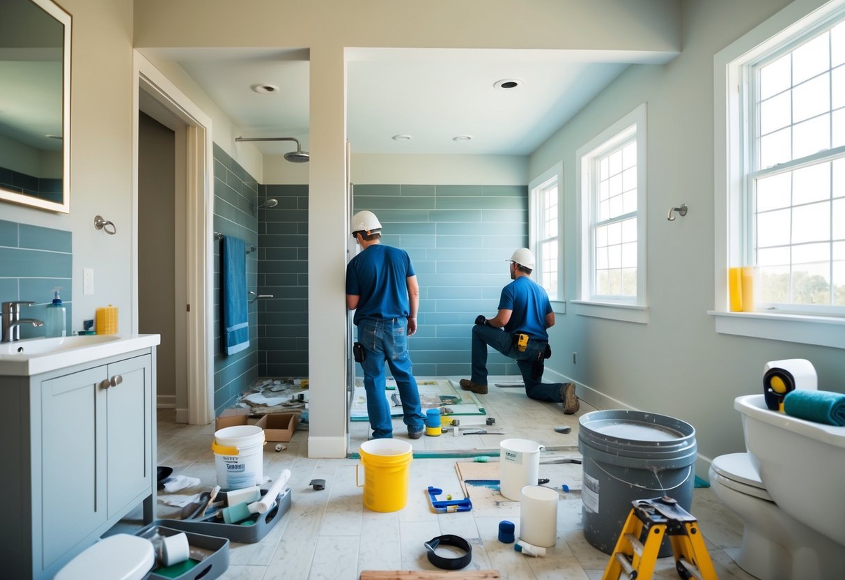 A bathroom under renovation, with materials such as tiles, paint, and fixtures scattered around, and workers installing new features