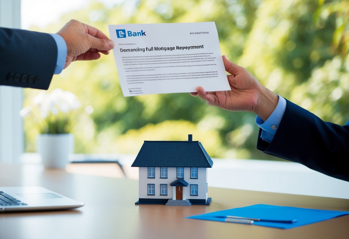 A bank representative handing over a letter demanding full mortgage repayment to a distressed homeowner