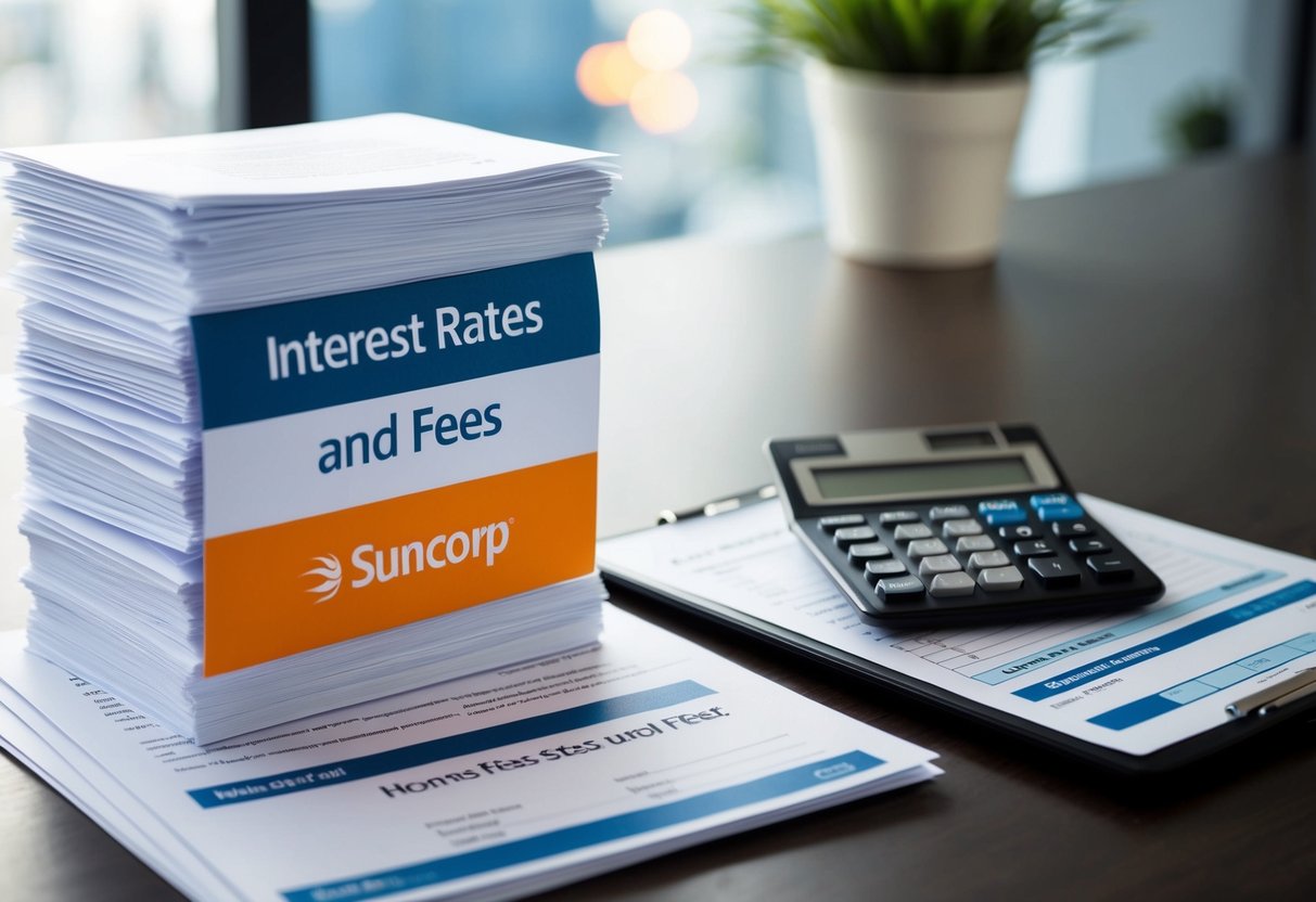 A stack of documents labeled "Interest Rates and Fees" with a Suncorp logo, next to a home loan application form and a calculator