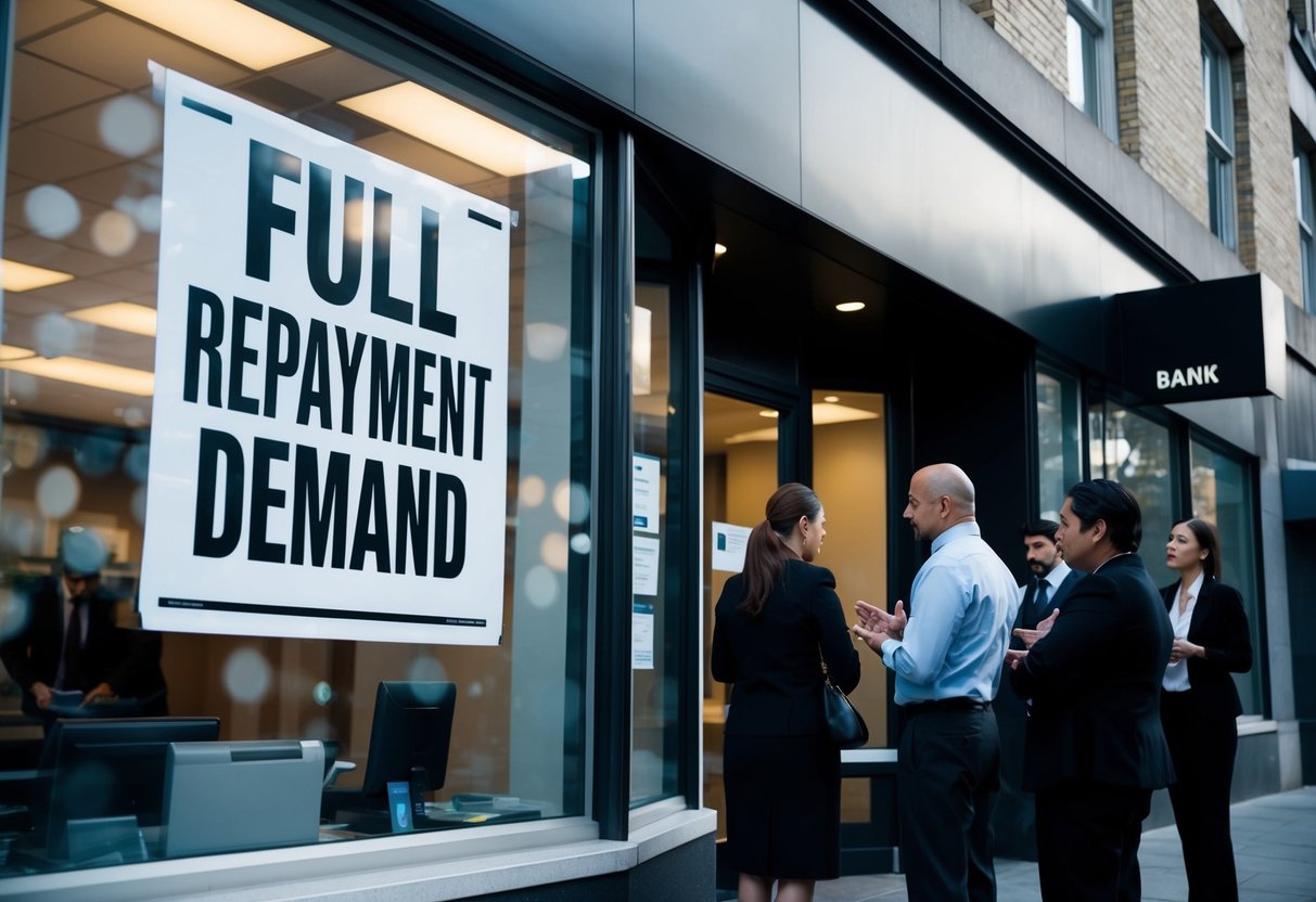 A bank building with a large "Full Repayment Demand" notice displayed prominently in the window. Customers looking distressed and speaking to bank employees