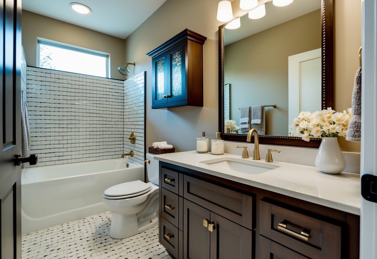 A bathroom with new fixtures and tile, a vanity, and updated lighting