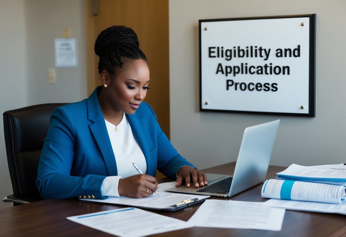 A person sitting at a desk, filling out paperwork with a laptop and documents scattered around. A sign on the wall reads "Eligibility and Application Process."