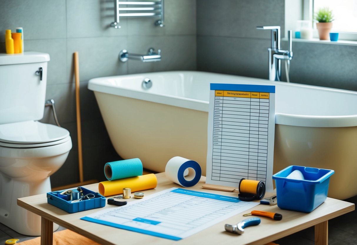 A bathroom with a bathtub, sink, toilet, and shower. Various renovation materials and tools scattered around. Itemized cost breakdown list on a table