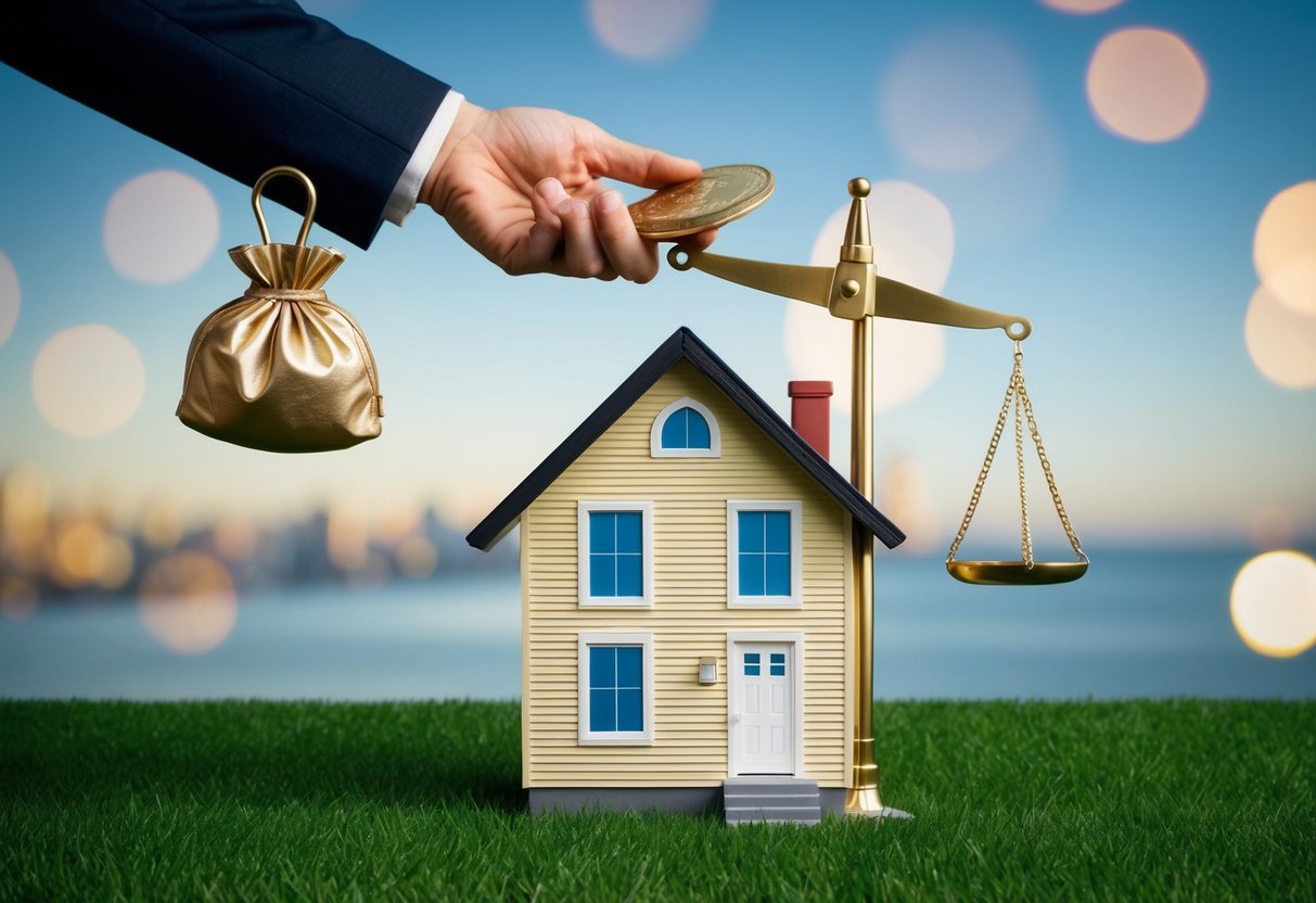 A bank towering over a small house, with a giant coin purse in one hand and a large scale in the other, symbolizing the potential demand for full mortgage repayment