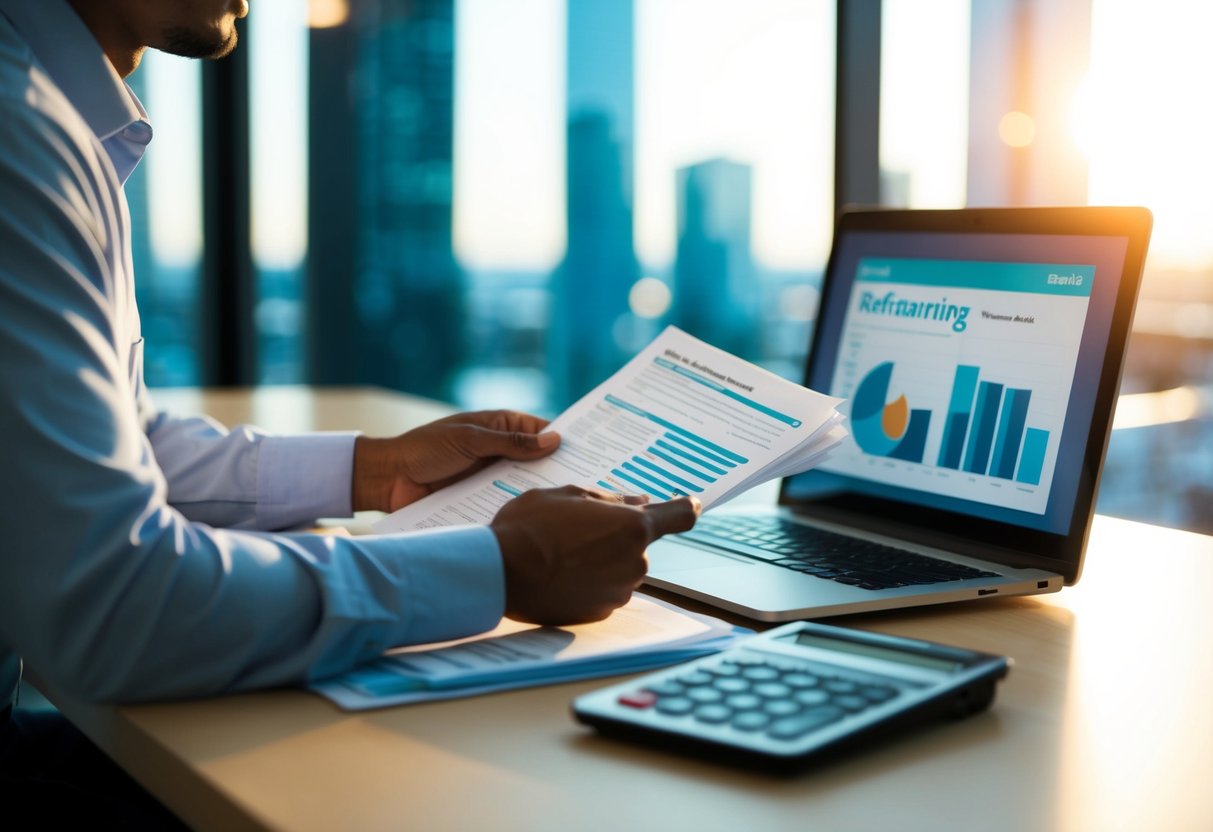 A person sitting at a desk with a laptop, reviewing documents and comparing numbers while considering refinancing options with Suncorp