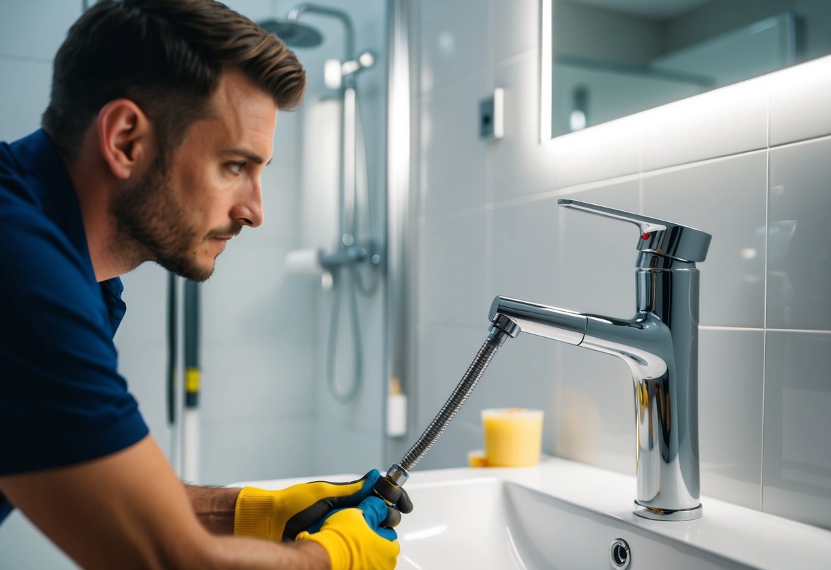 A plumber installs a leak-proof faucet in a modern bathroom, reducing the risk of unforeseen expenses