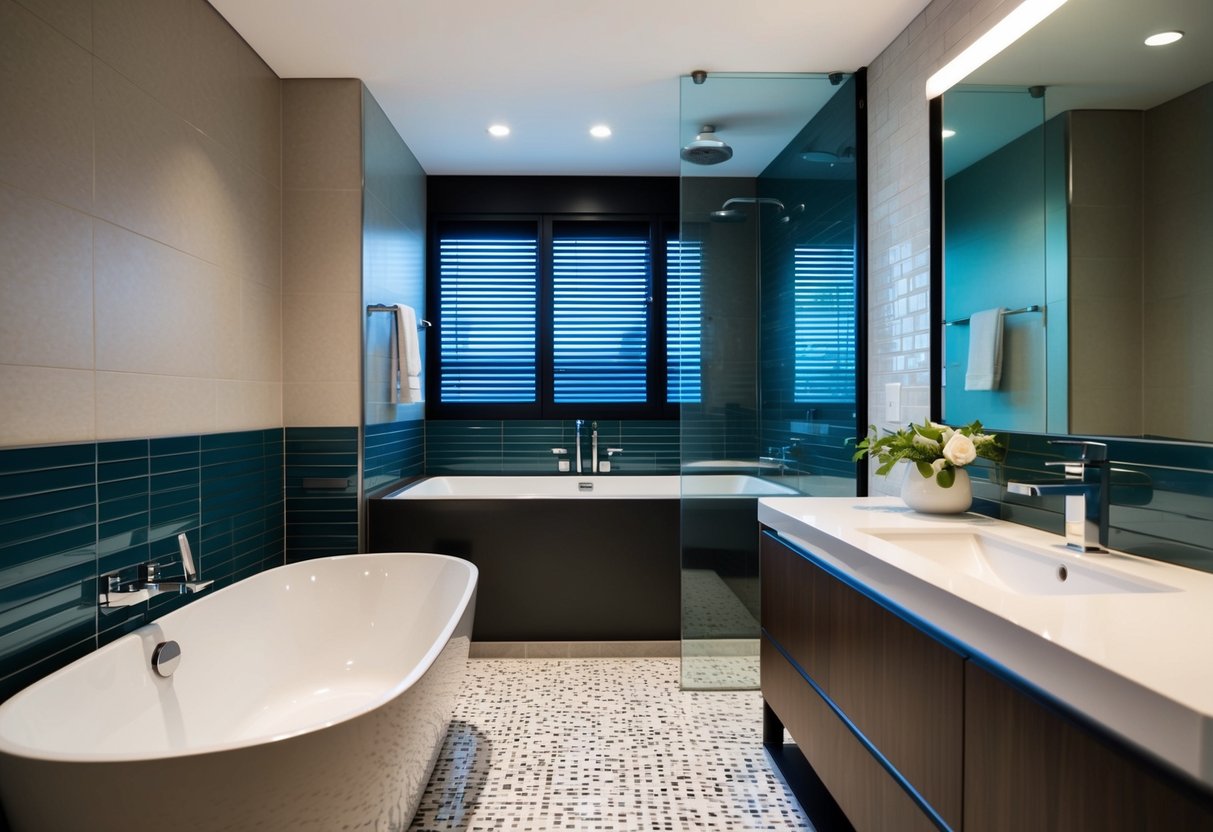 A bathroom with new fixtures and tiles, a modern bathtub, and a sleek vanity