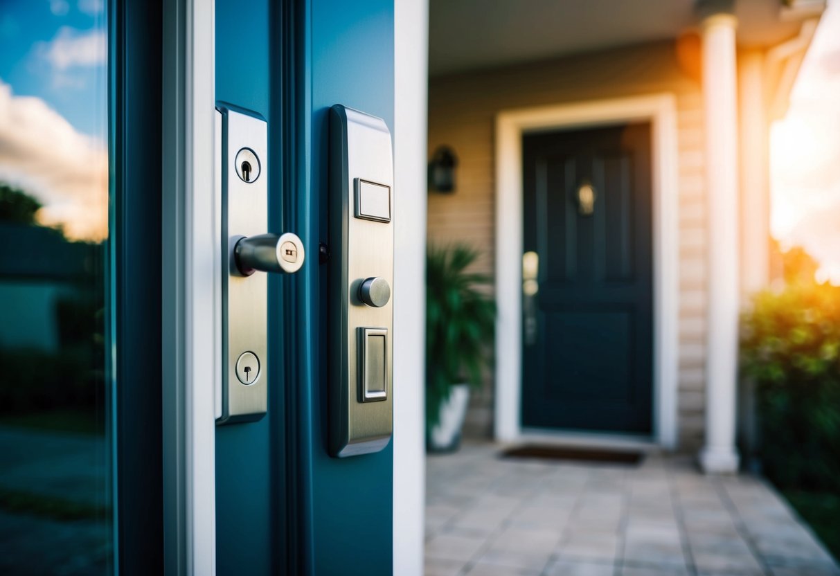 A home with a secure lock on the front door and closed curtains for privacy