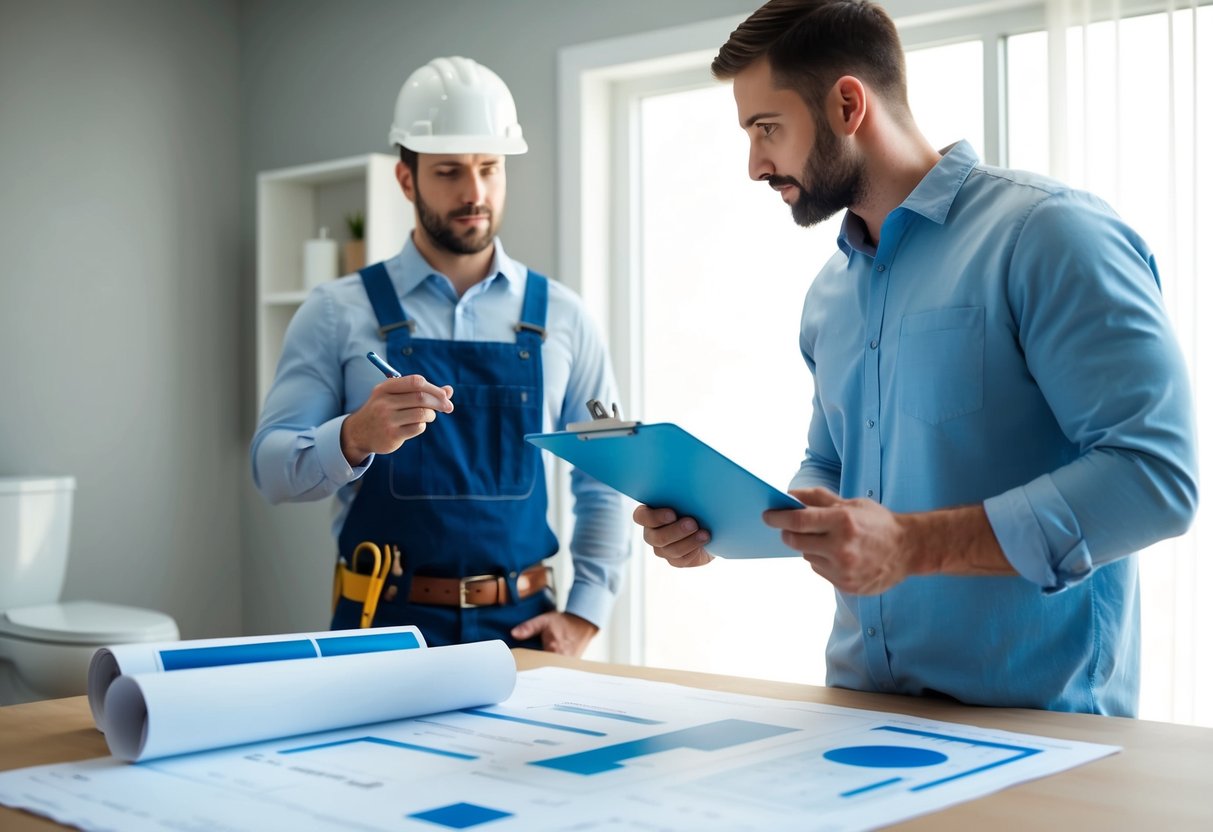 A contractor holding a clipboard, discussing bathroom renovation costs with a customer. Blueprints and samples are spread out on a table