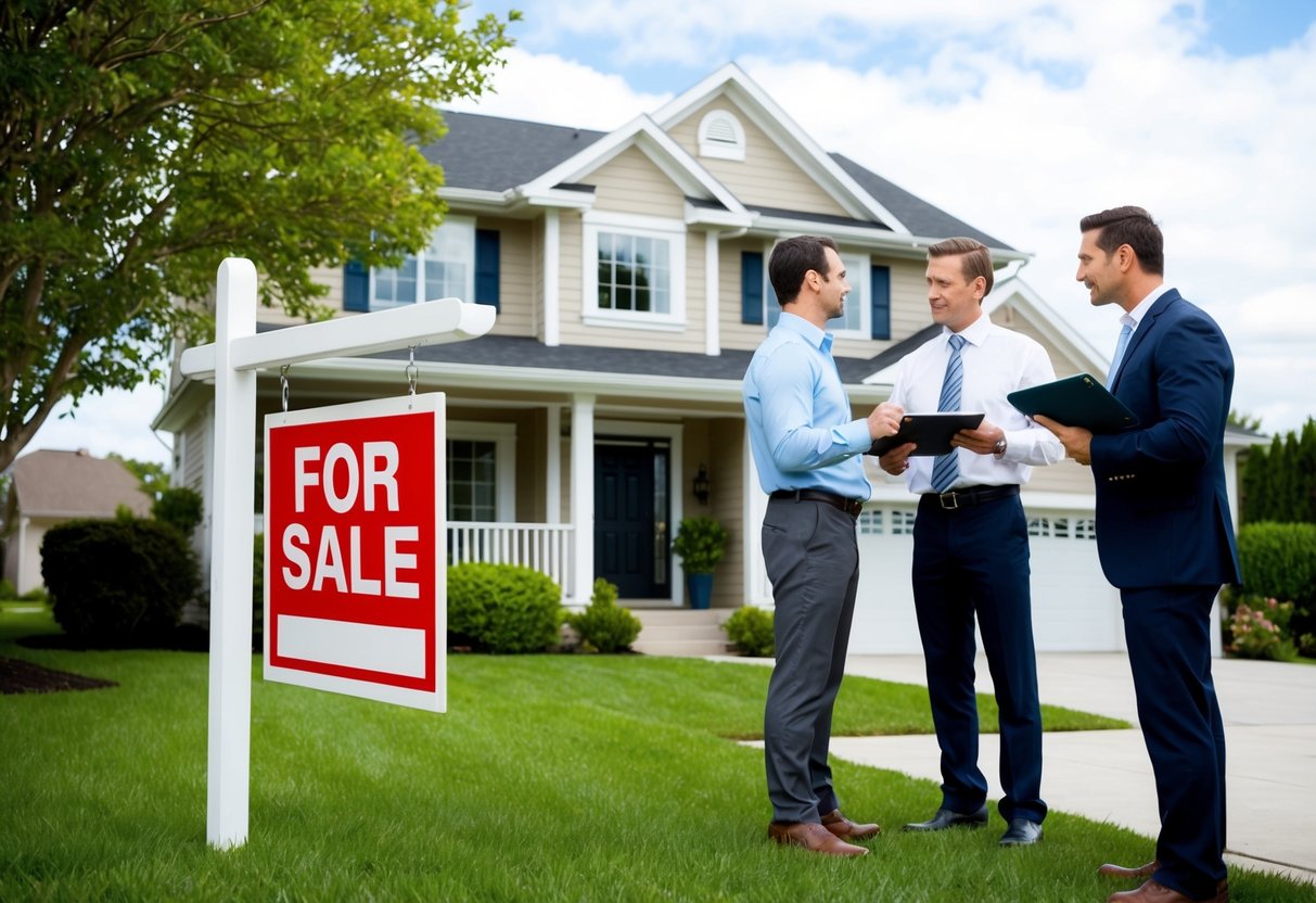 A house with a "For Sale" sign in the front yard, a real estate agent and a potential buyer discussing the property, while a home appraiser inspects the interior and exterior of the house