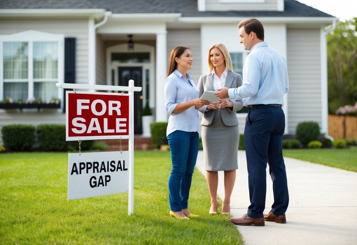 A house with a "For Sale" sign in the front yard, a real estate agent and a potential buyer standing outside discussing the appraisal gap affecting their home loan