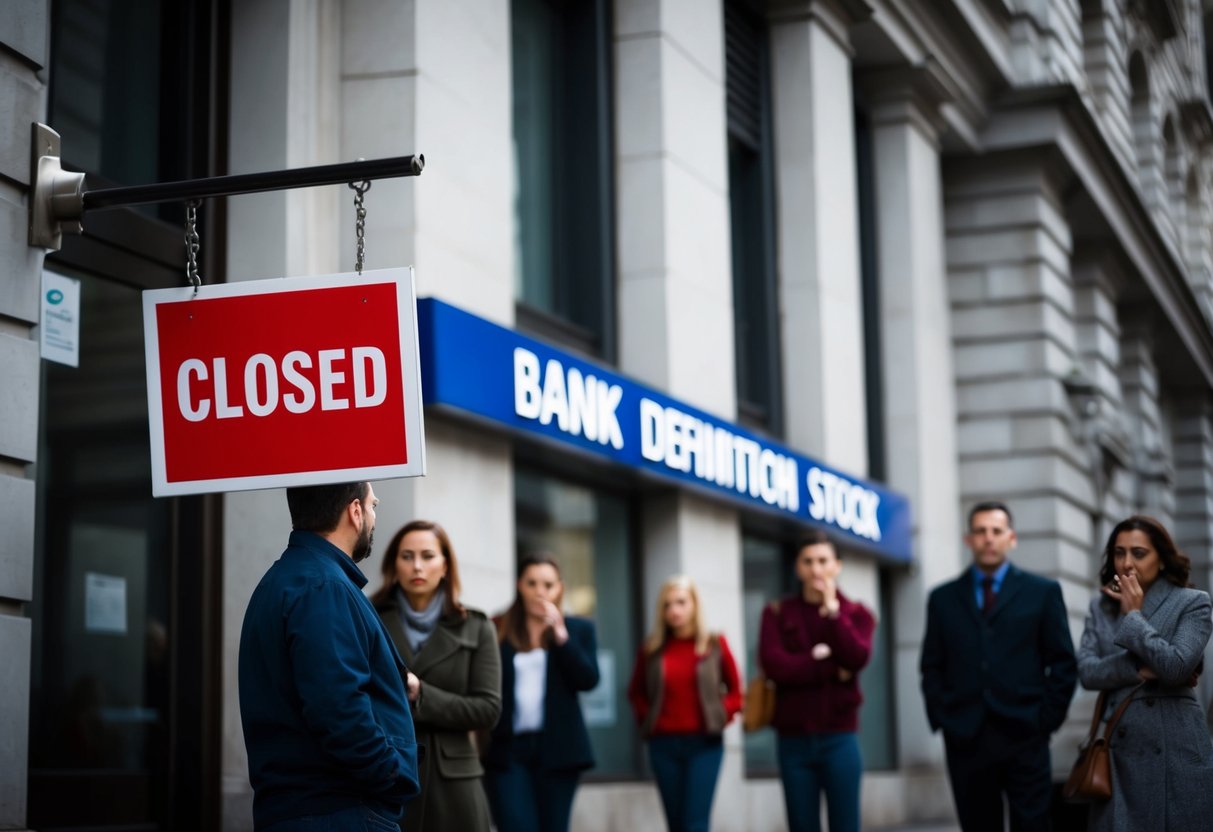 A bank building with a "closed" sign, people looking worried outside