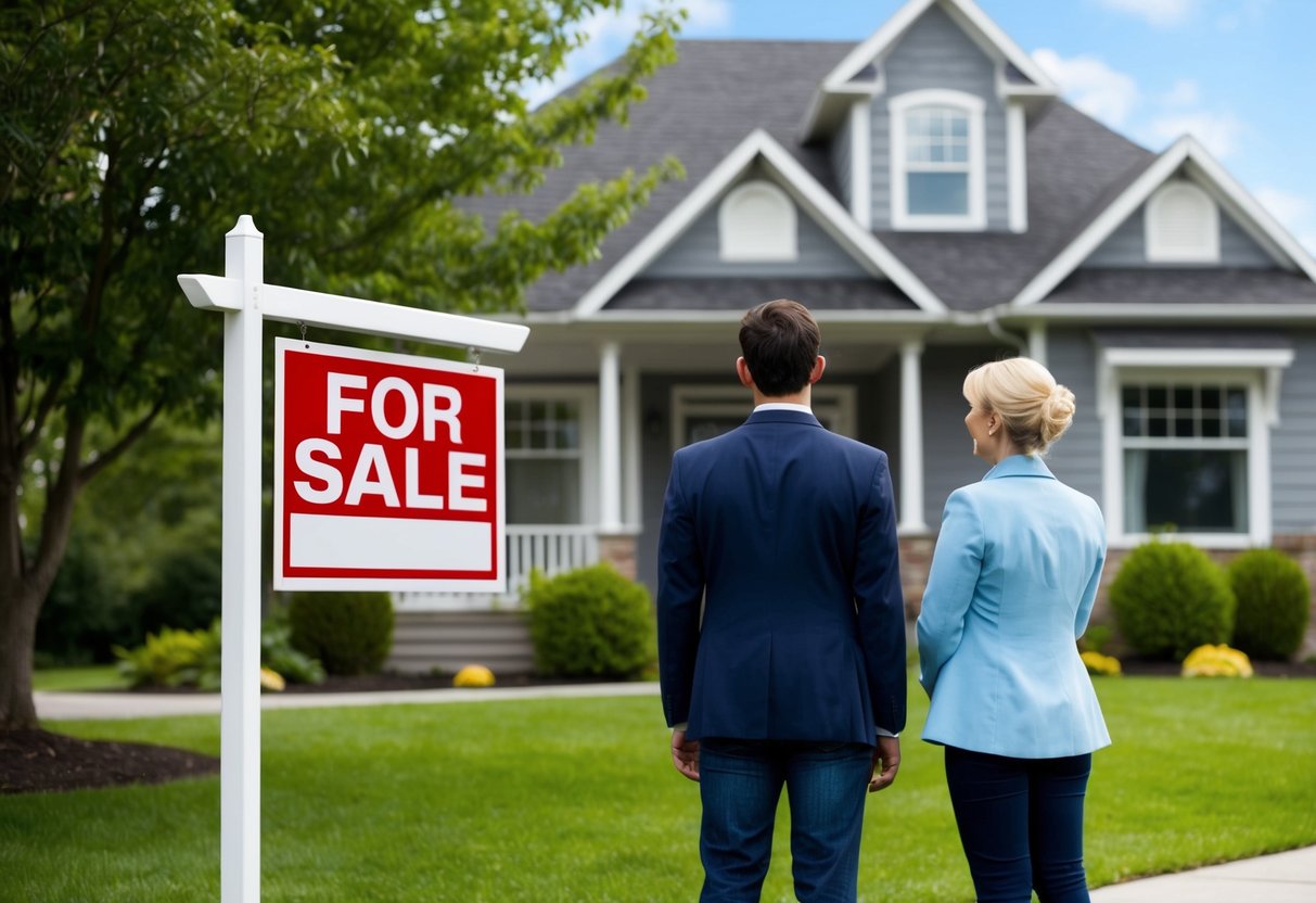 A house with a "For Sale" sign in the front yard, while a real estate agent and a potential buyer stand outside, looking at the property