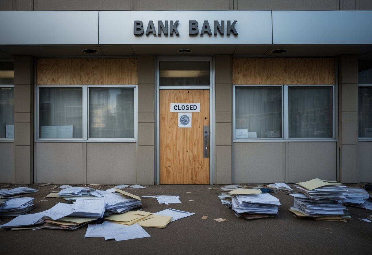 A deserted bank building with boarded-up windows and a "closed" sign on the door. Files and paperwork strewn across the floor