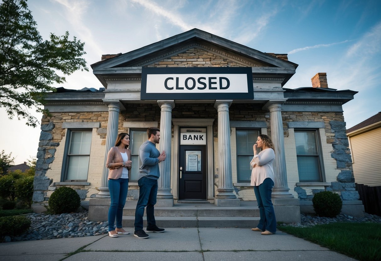 A crumbling bank building with a "closed" sign, while homeowners look worried and confused about their mortgage situation