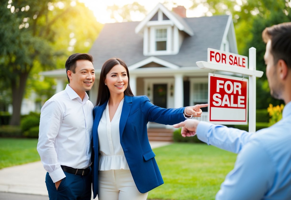 A couple stands outside a charming house, pointing at the "For Sale" sign while a real estate agent explains the concept of an appraisal gap