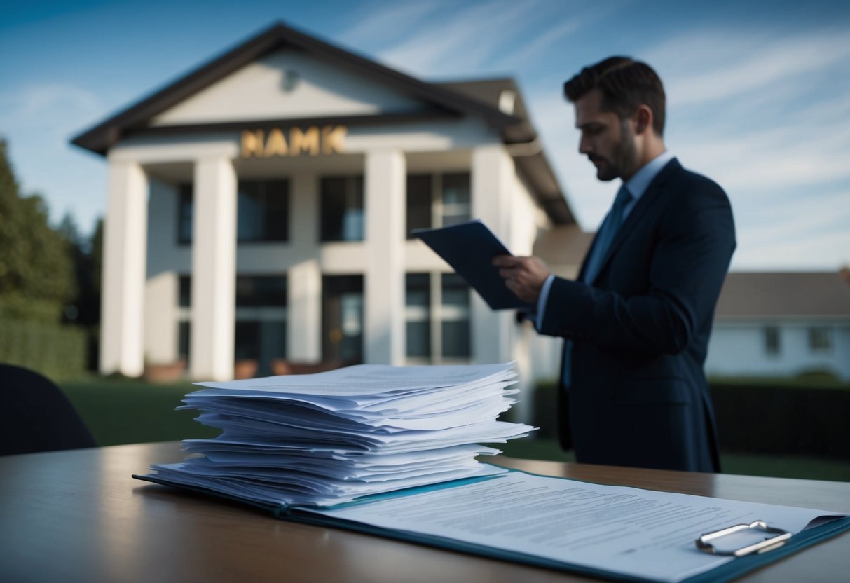 A worried homeowner looks at a stack of legal documents, while a shadow looms over a bank building in the background