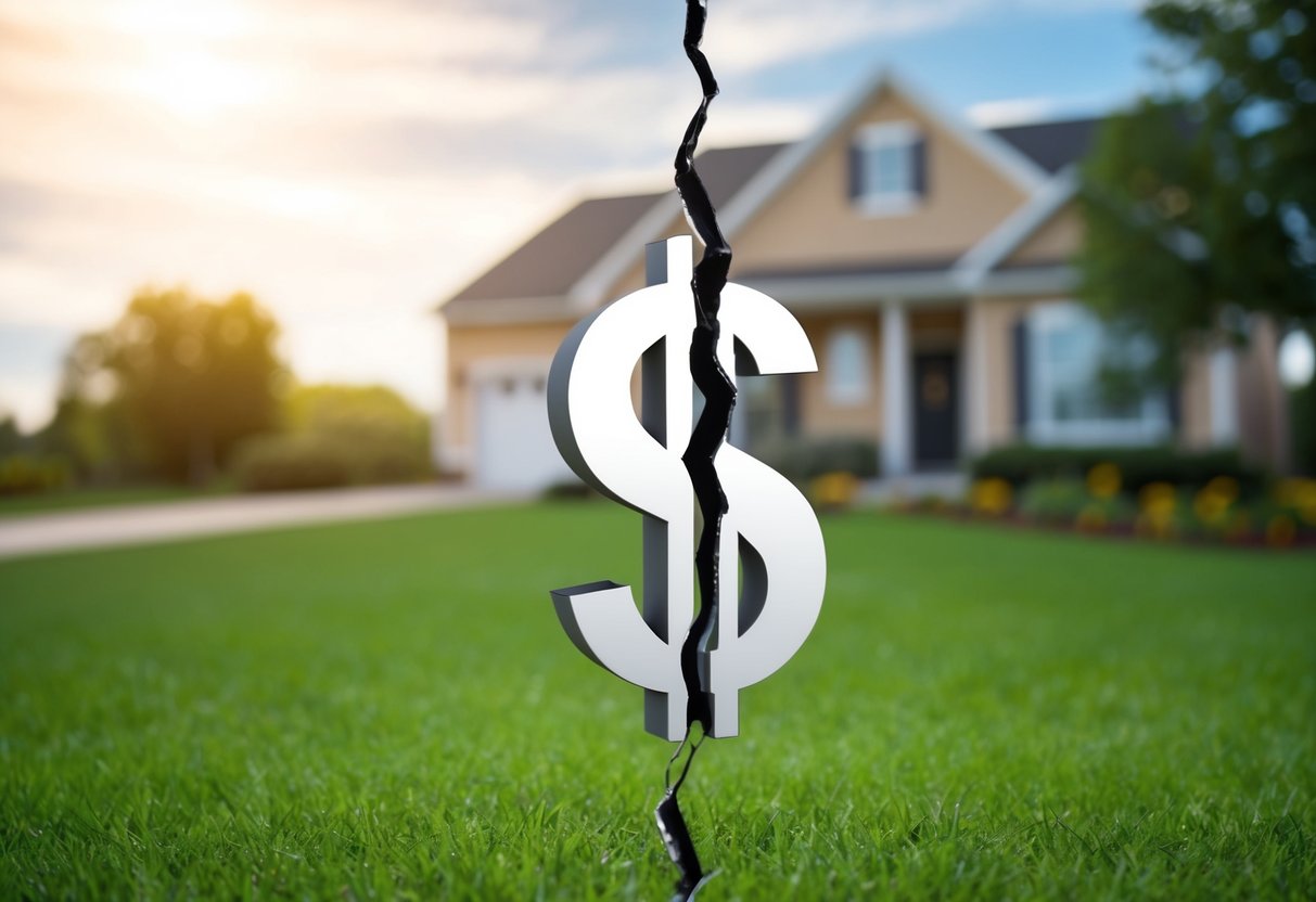 A house with a dollar sign-shaped crack running through the middle, symbolizing the impact of an appraisal gap on a home loan