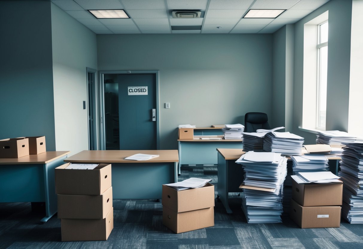 A closed mortgage office with empty desks and abandoned paperwork. Boxes of files stacked in disarray, with a "closed" sign on the door