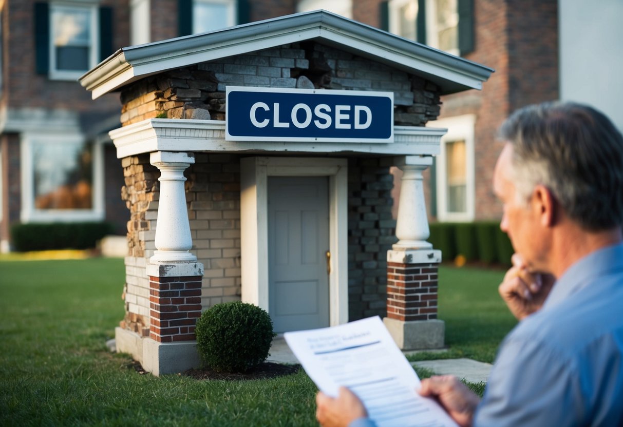 A crumbling bank building with a "closed" sign, while a homeowner looks worriedly at their mortgage documents