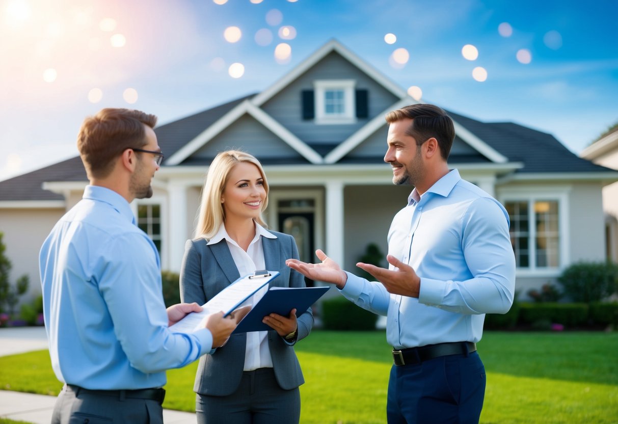 A real estate agent and a homebuyer stand in front of a house, reviewing paperwork while a home appraiser inspects the property. The agent gestures towards the house, emphasizing key features