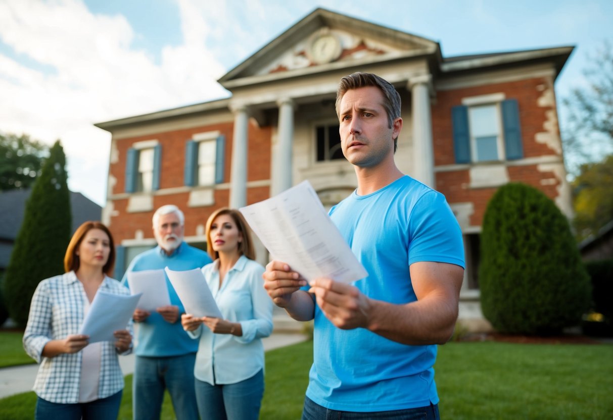 A crumbling bank building with worried homeowners standing outside, holding mortgage documents