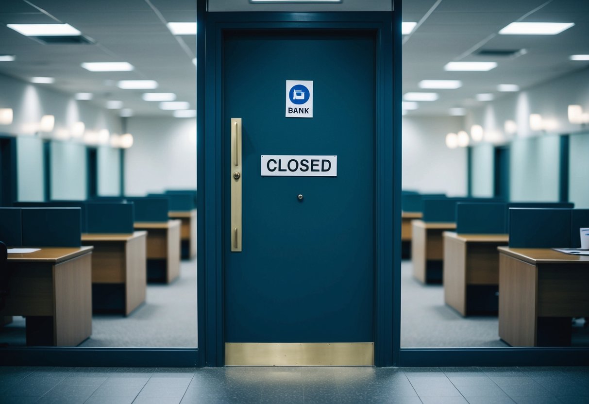 A deserted bank building with a "closed" sign on the door and empty desks inside