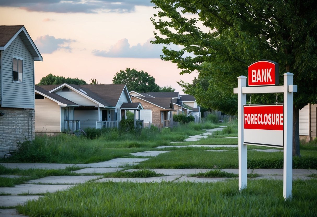 A suburban neighborhood with abandoned houses, overgrown lawns, and boarded-up businesses. A large bank sign with "Foreclosure" is visible in the background