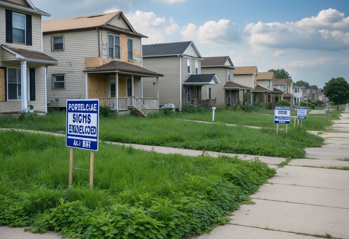 A deserted, run-down neighborhood with boarded-up houses and overgrown lawns. Foreclosure signs and neglected properties line the streets, creating a sense of economic decline and financial risk for lenders