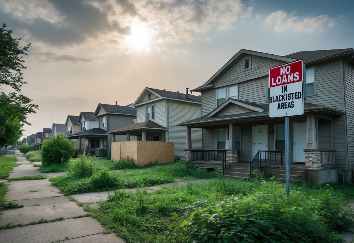 A desolate neighborhood with boarded-up houses and overgrown yards, while a bank sign displays "No Loans in Blacklisted Areas."