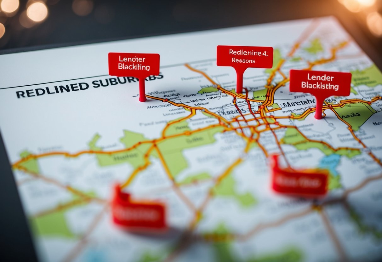 A map of redlined suburbs with labeled reasons for lender blacklisting