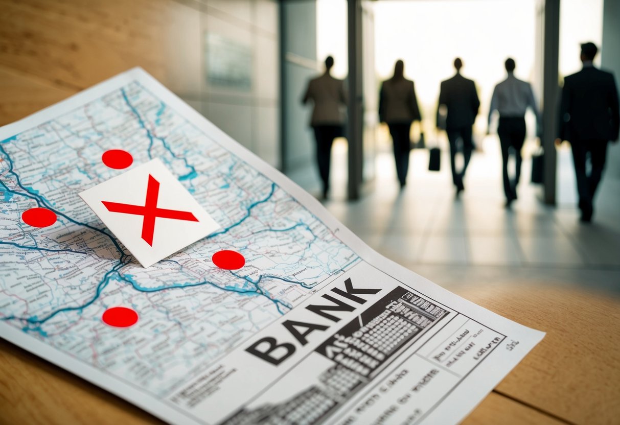 A map with red circles over certain areas, a crossed-out sign, and a group of people being turned away from a bank