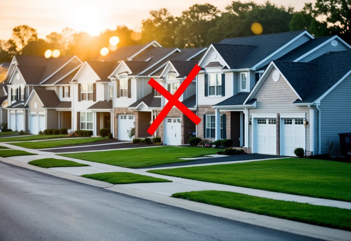 A group of houses in a suburban neighborhood with a red "X" over one of them, representing a blacklisted area for lenders