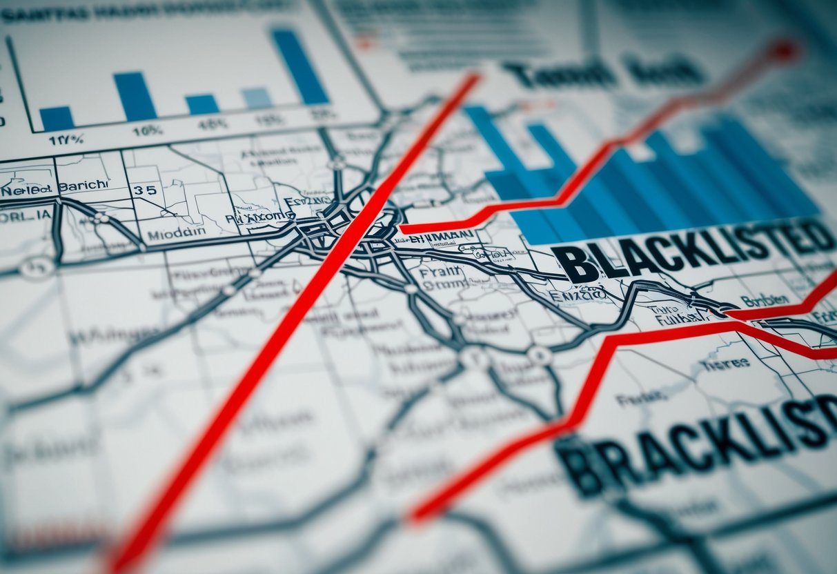 A map of a city with certain areas marked in red, representing the blacklisted suburbs. Trend graphs and statistics are displayed alongside the map