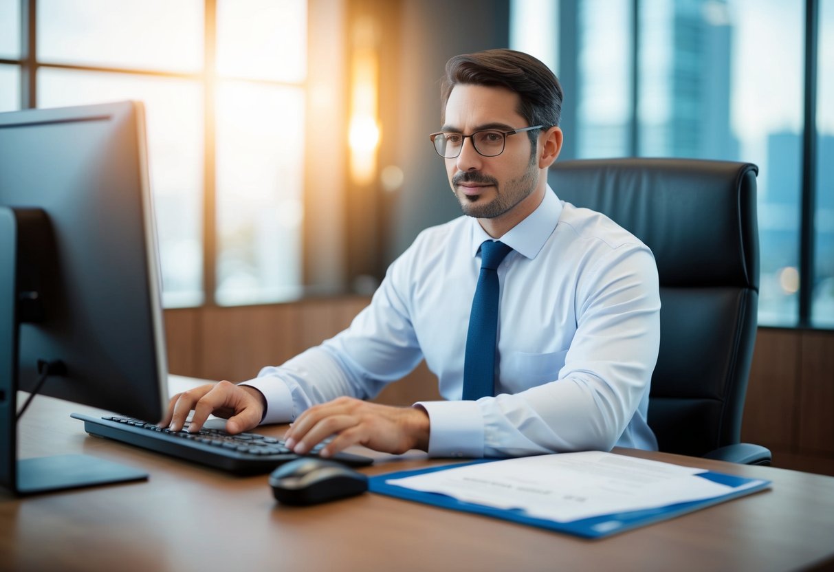 A bank manager typing on a computer, reviewing loan documents with a serious expression