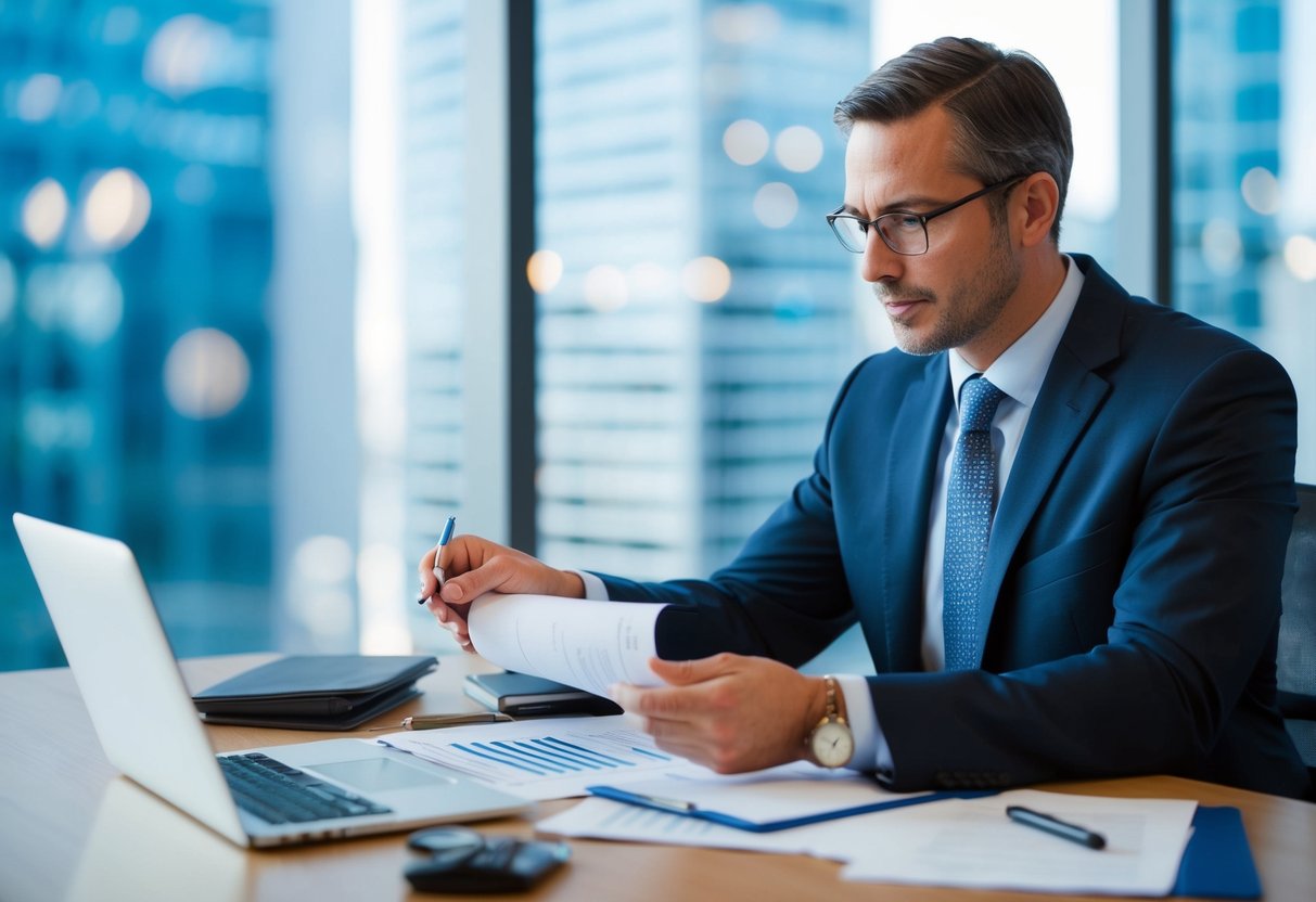 A bank manager reviewing financial records and marking a loan for recall