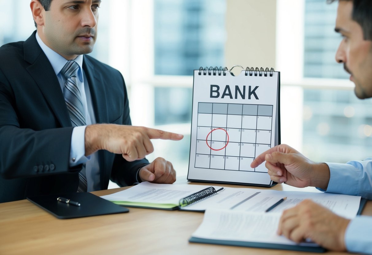 A bank manager pointing to a calendar with a deadline circled, while a worried borrower looks on