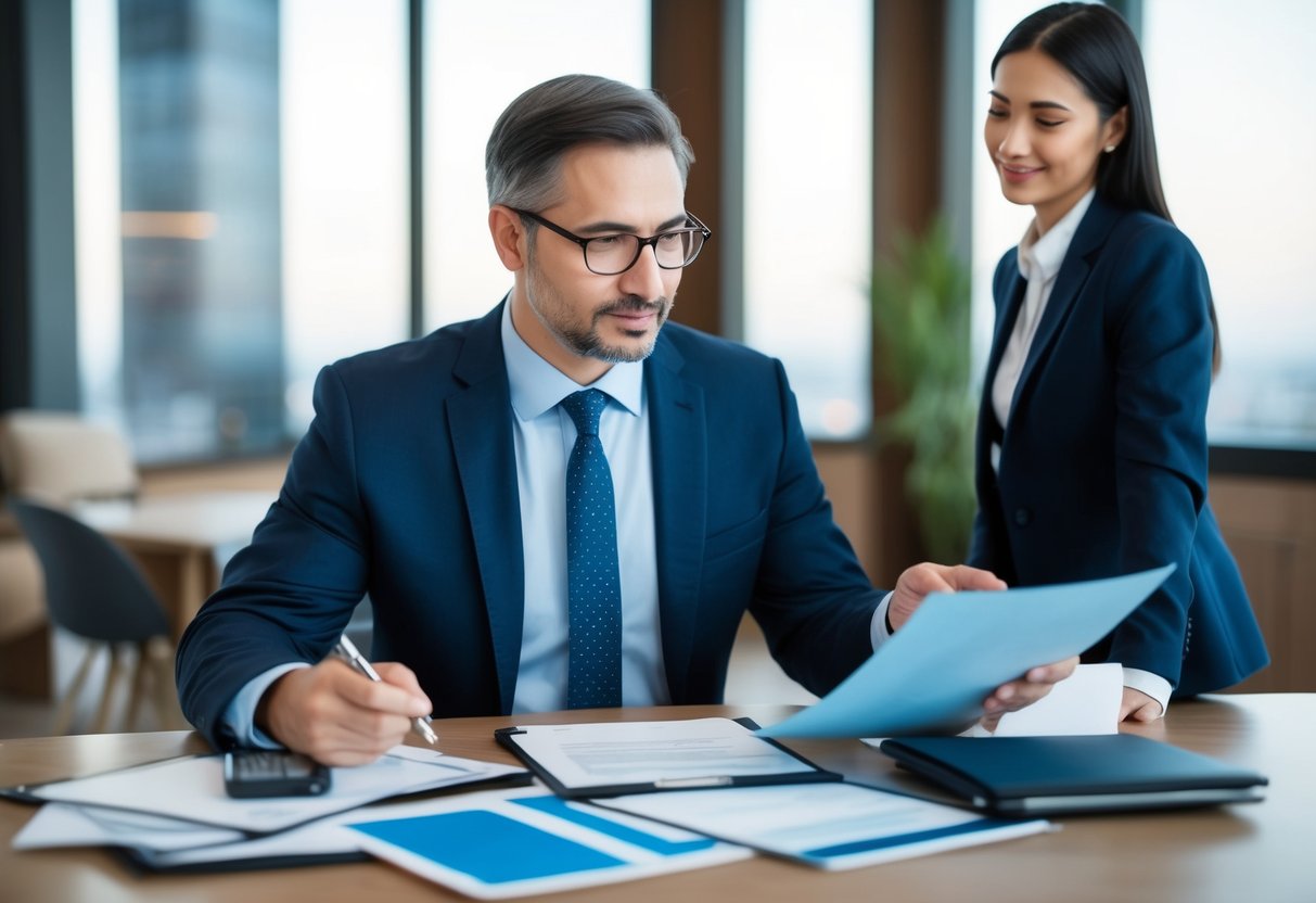 A bank manager reviewing loan documents and contacting a borrower